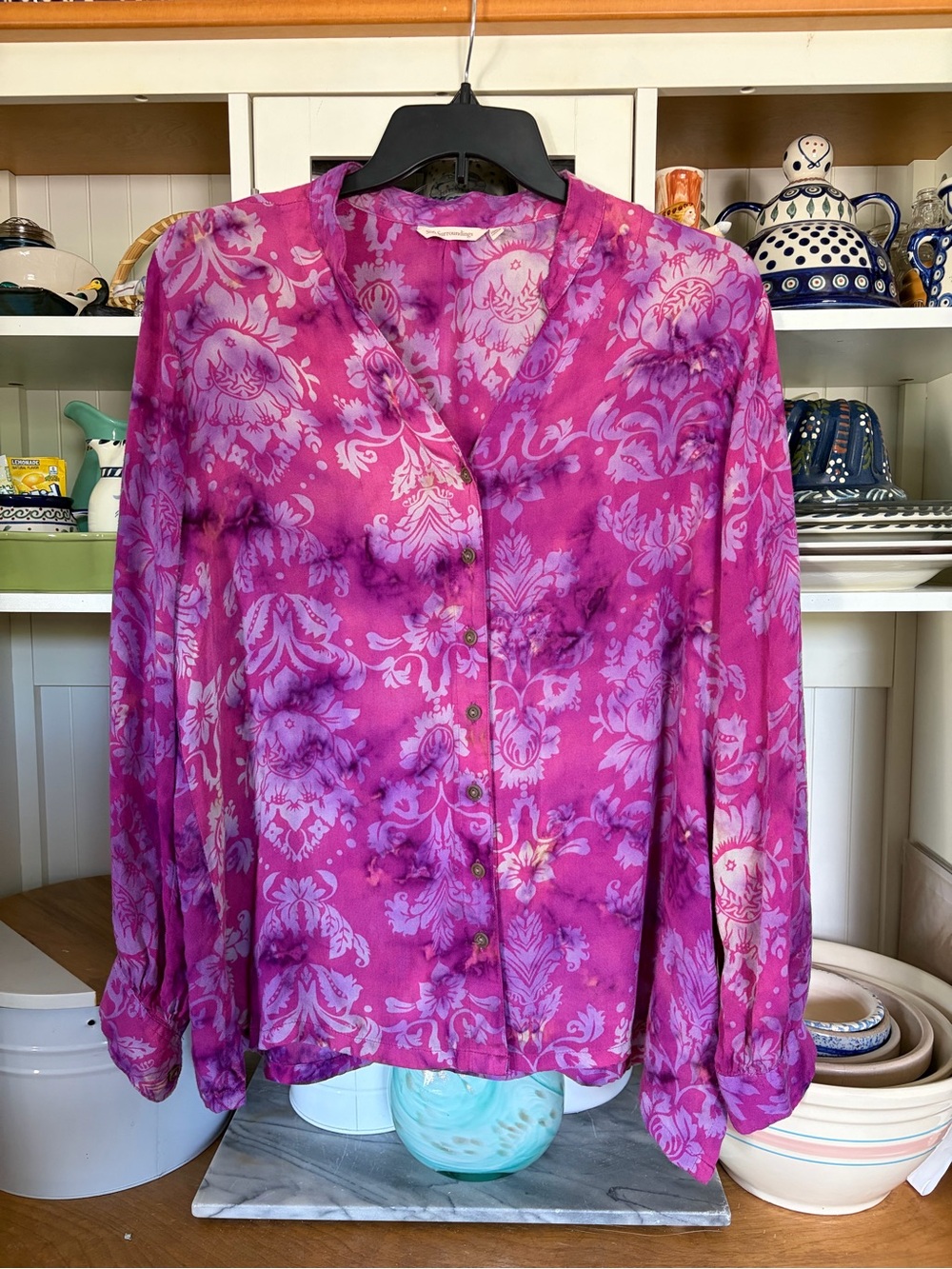 Women's Soft Surroundings Blouse PXL Magenta Floral Button-Front Blouse